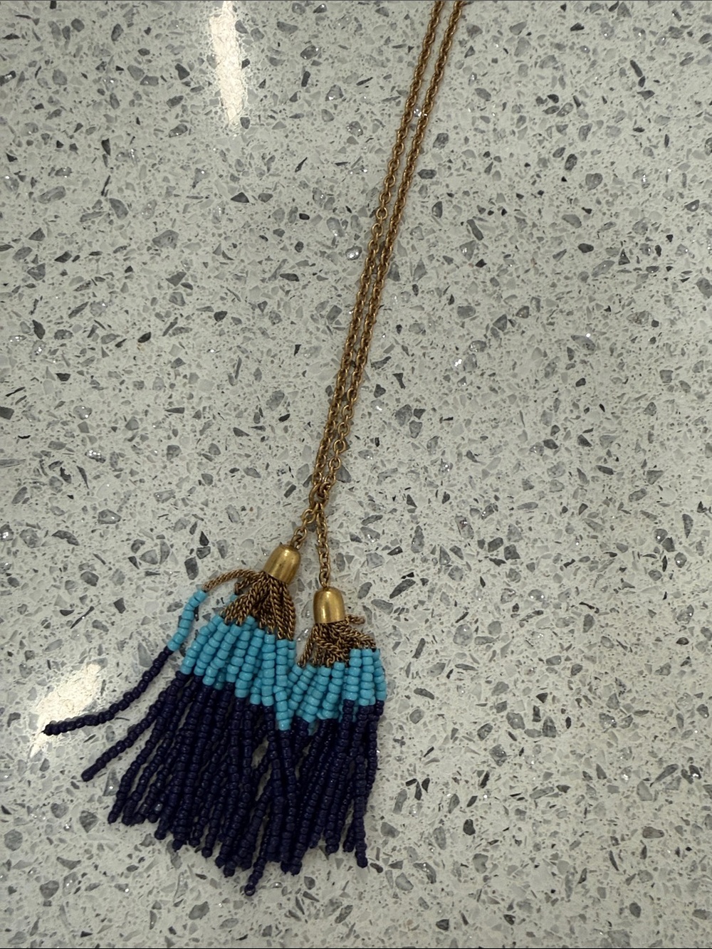 J. Crew Blue Beaded Double Tassel Necklace with Gold Chain